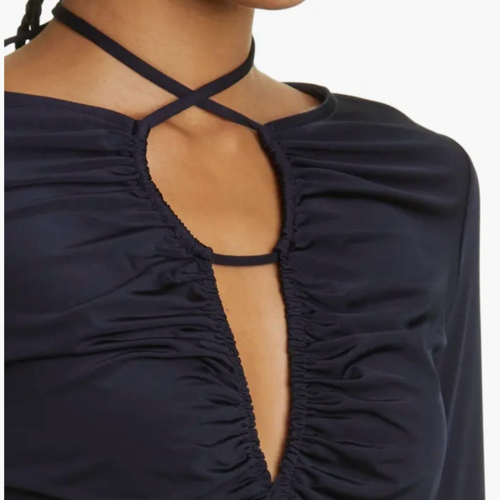 Navy Veronica Beard Rogue Ruched Tie Back Top